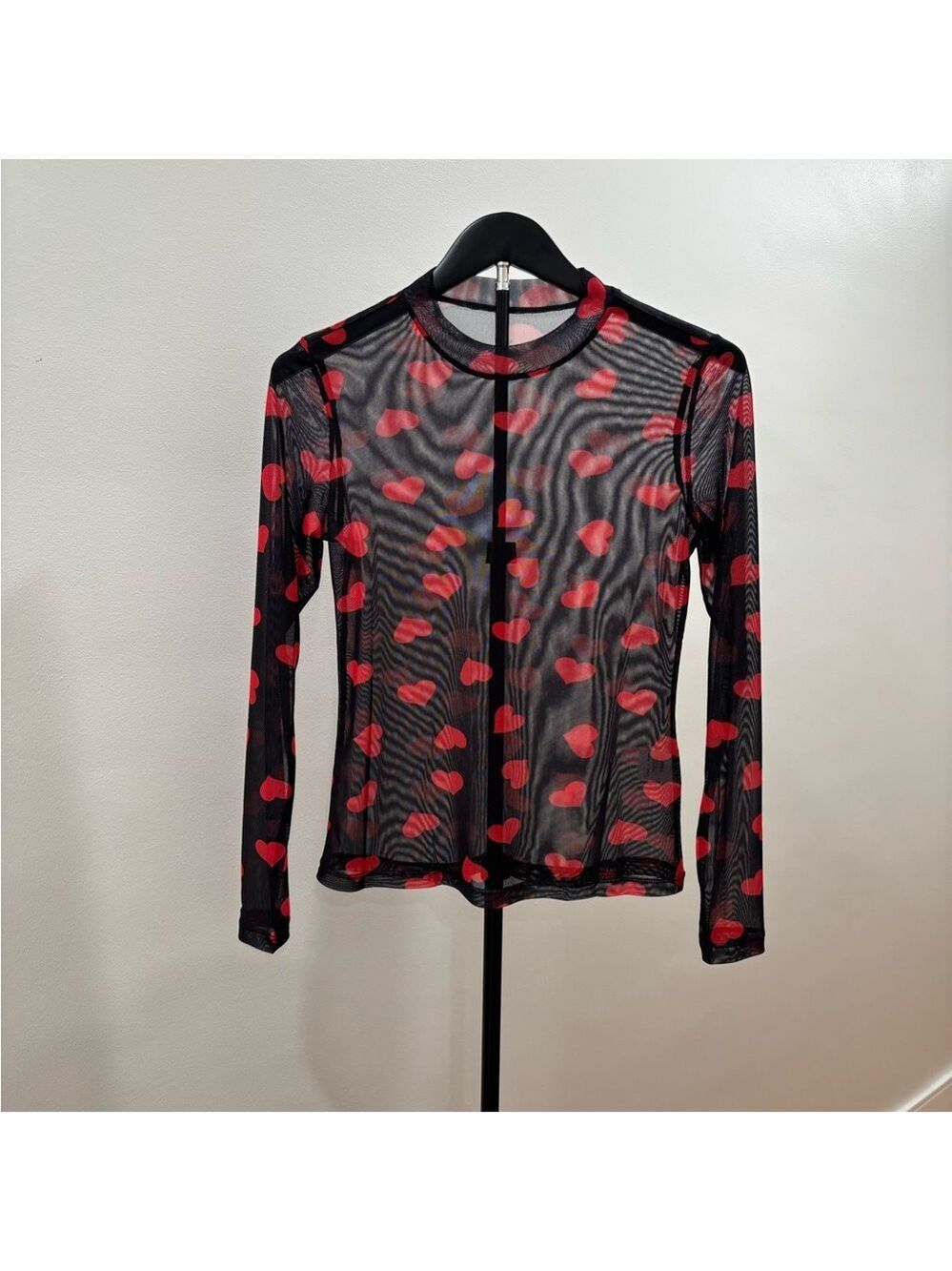 512. Sheer Black Long-Sleeve Mesh Top with Red Heart Print